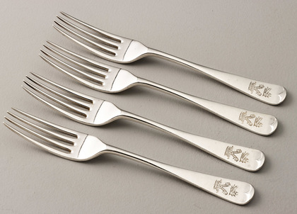 Old English Pattern Sterling Silver Dessert Forks (Set of 4) - Newton Family Crest, Dunleckney, County Carlow 